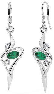 Emerald 14K White Gold Solid Silver Celtic Earrings