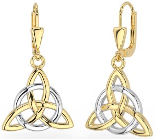 14K Two Tone Gold Solid Silver Irish Celtic Knot Dangle Earrings
