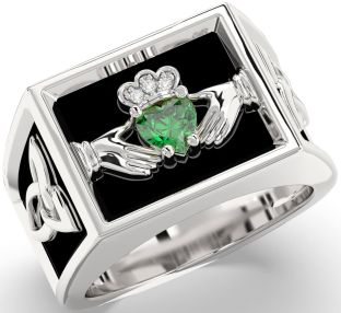 Diamond Emerald Silver Black Rhodium Celtic Claddagh Trinity Knot Ring Mens Ladies Unisex