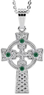14K White Gold Solid Silver Emerald Irish Celtic Cross Pendant Necklace